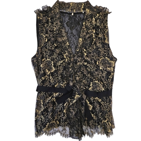 Nwot Elie Tahari Black/Gold Floral Lace Sleeveless Ruffled Accent Top - Picture 8 of 16